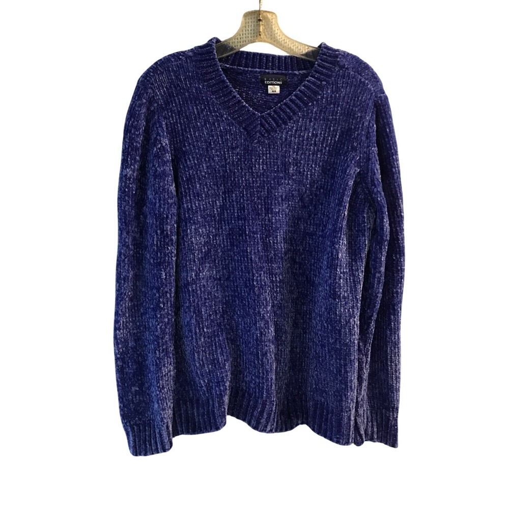Basic Editions Sweater Women's Chenille V-Neck Knit‎ Blue Size M y2k soft